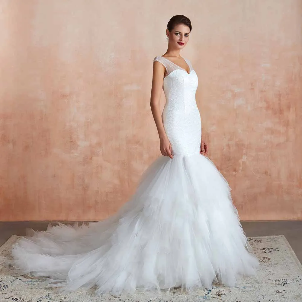 Vintage Sequins Lace Wedding Dress with Ruffle Skirt EN3412