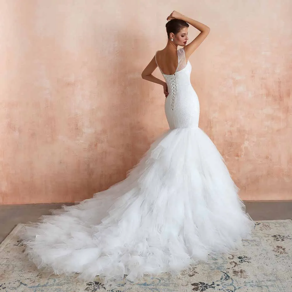 Vintage Sequins Lace Wedding Dress with Ruffle Skirt EN3412