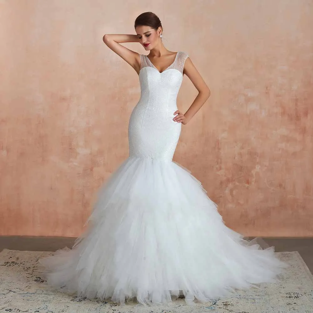 Vintage Sequins Lace Wedding Dress with Ruffle Skirt EN3412