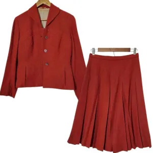 Vintage Wool Skirt Suit Size S Pleated Skirt Blazer Red 60s Classic Womens