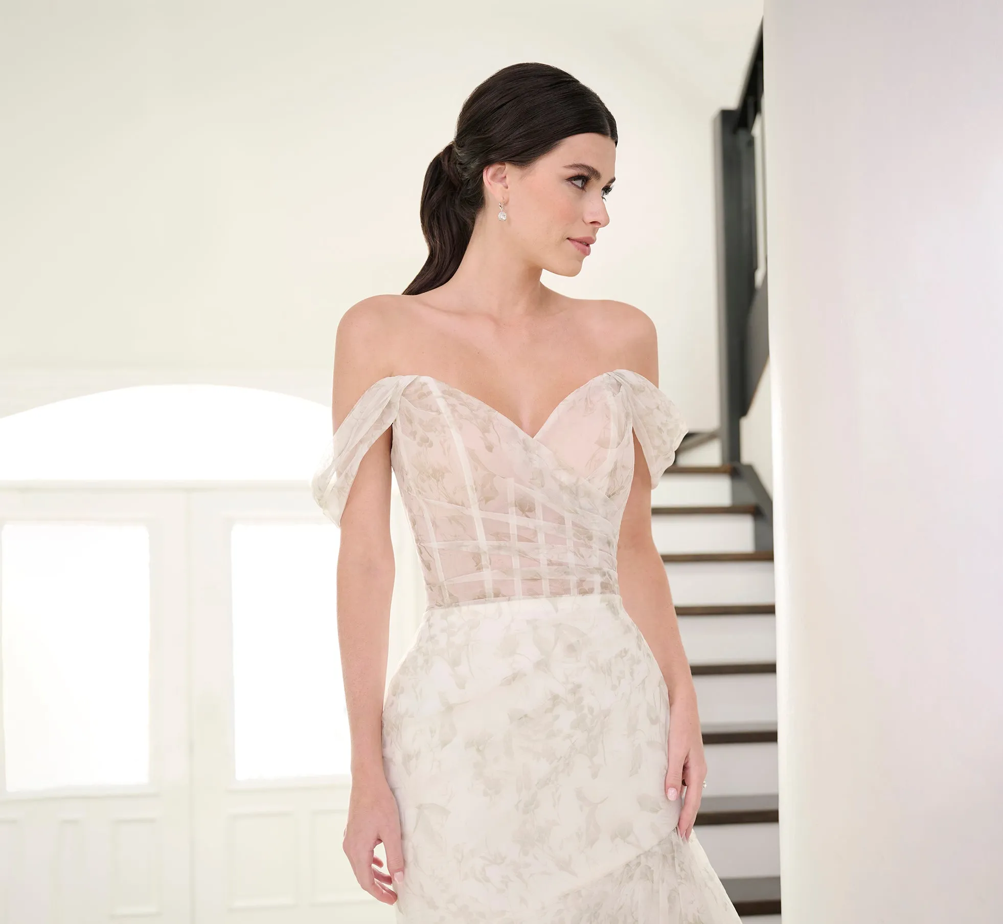Watercolor Printed Organza Gown In Green Multi