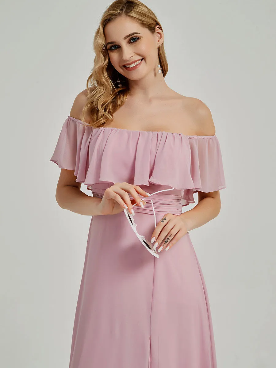 White Convertible Ruffle Sleeve Chiffon Maxi Slit Bridesmaid Dress
