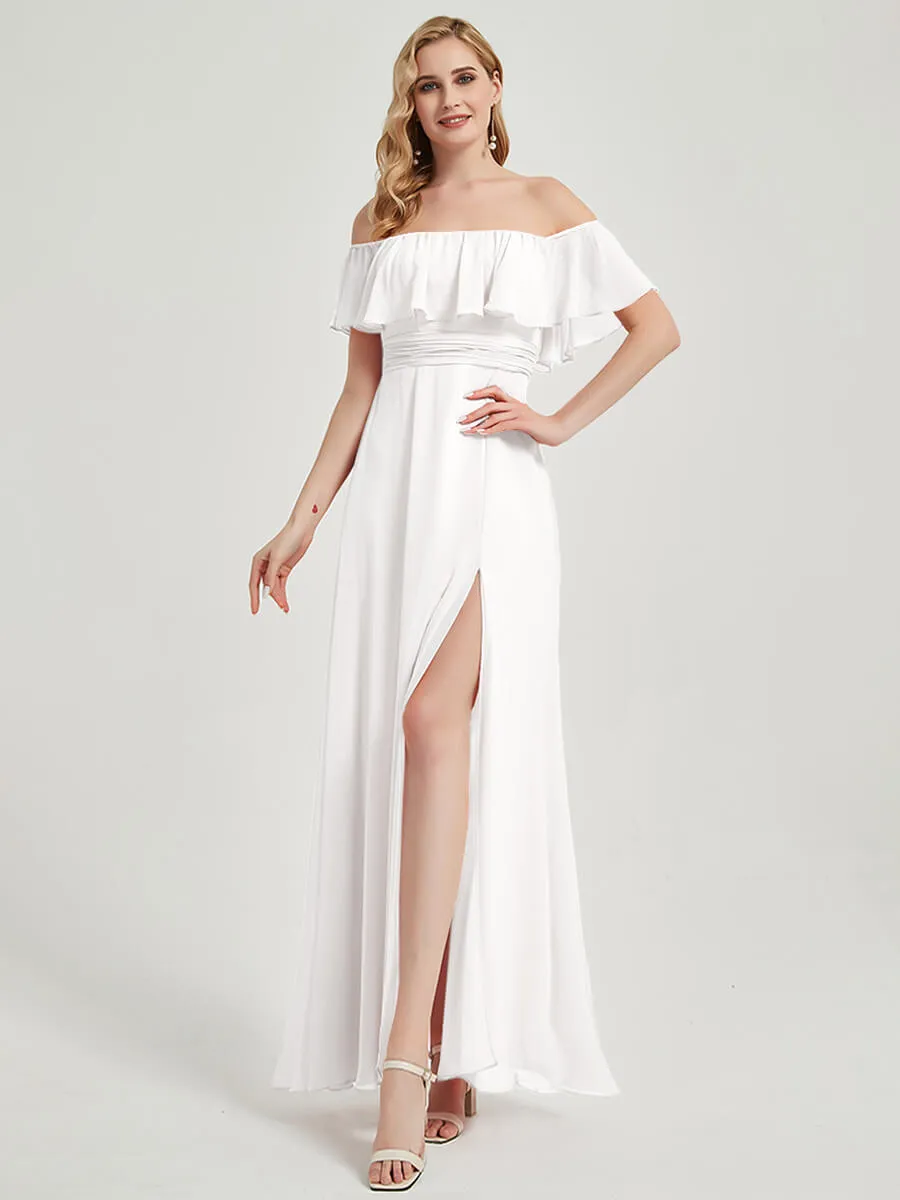 White Convertible Ruffle Sleeve Chiffon Maxi Slit Bridesmaid Dress