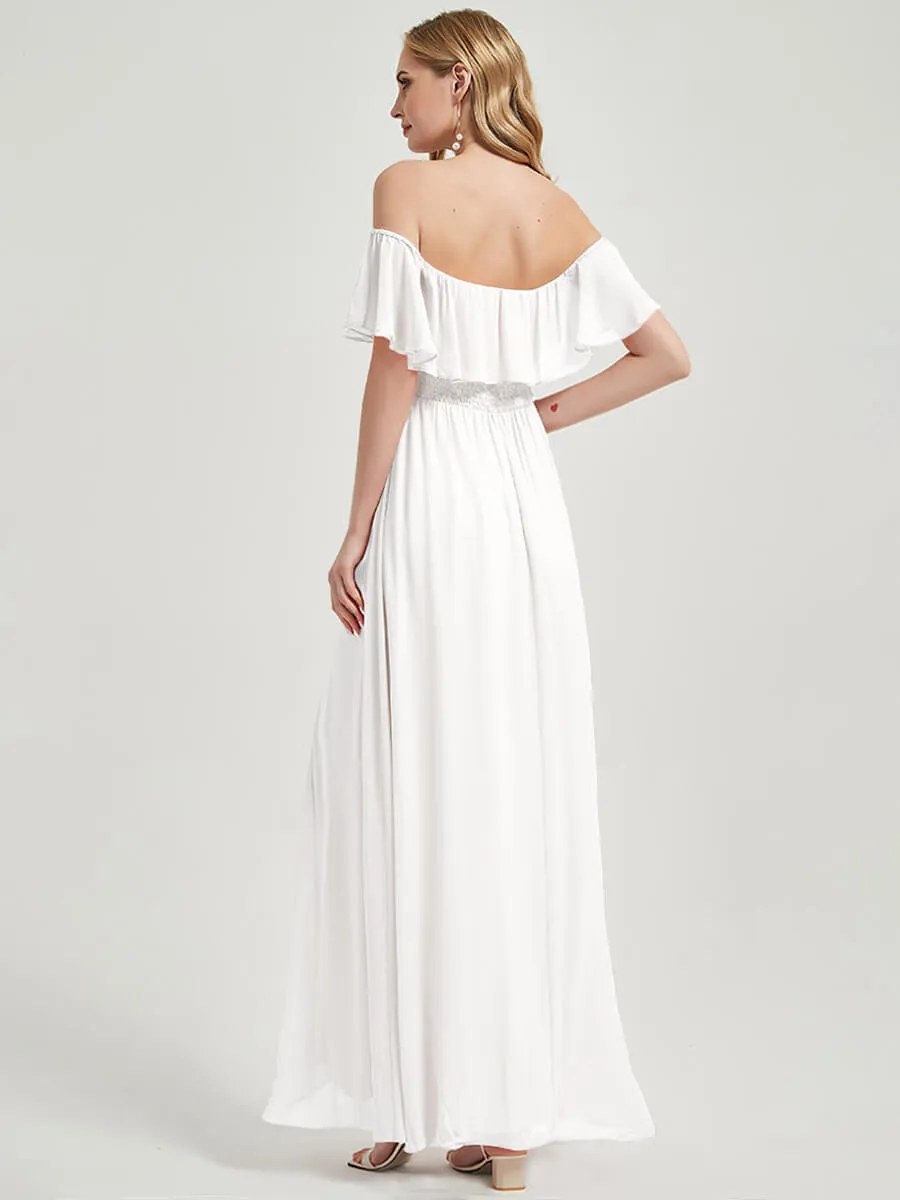 White Convertible Ruffle Sleeve Chiffon Maxi Slit Bridesmaid Dress