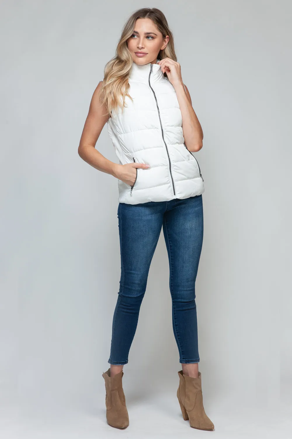 White Zip Up Turtleneck Vest with Pockets