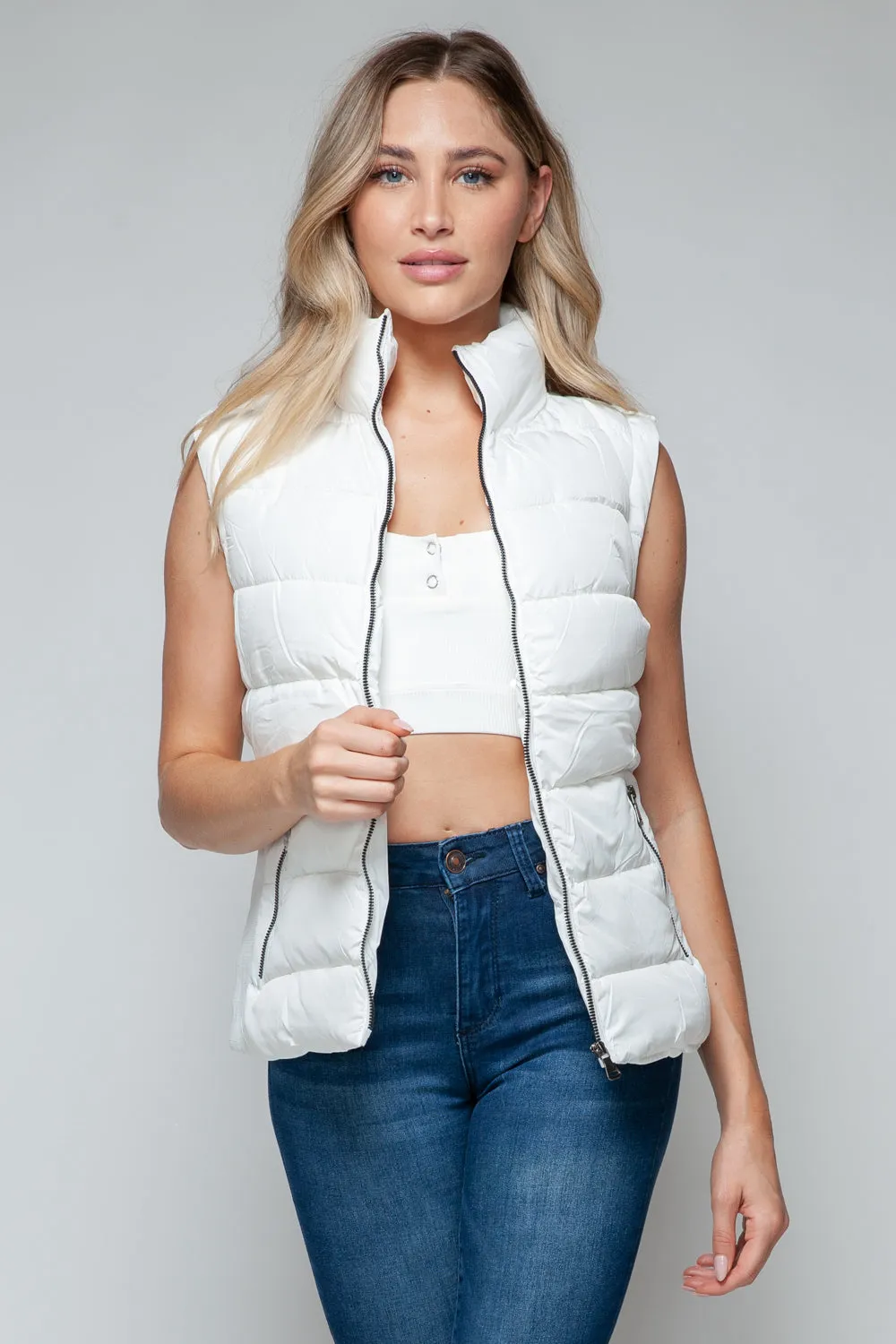 White Zip Up Turtleneck Vest with Pockets