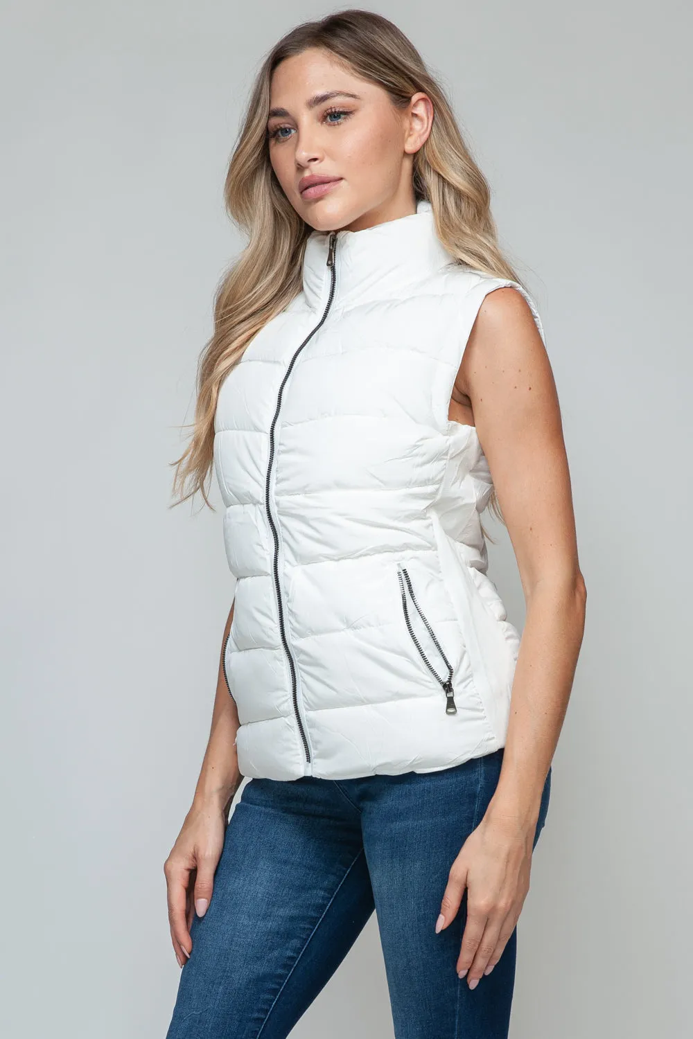 White Zip Up Turtleneck Vest with Pockets