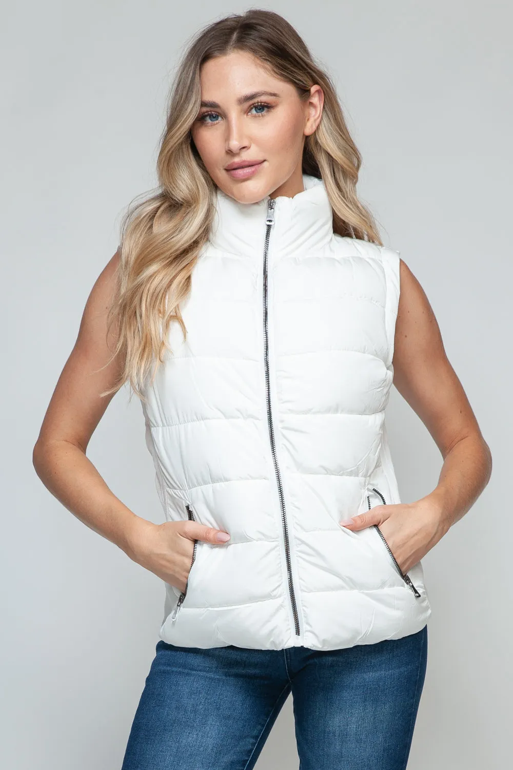 White Zip Up Turtleneck Vest with Pockets