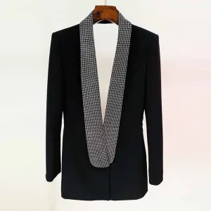 Women Deep V Rhinestone Blazer in Black Backless Coat Dress