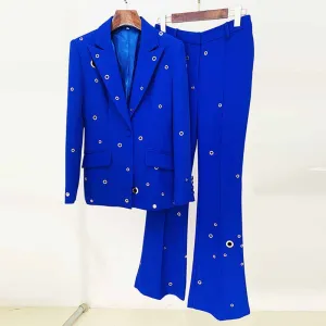 Women Hand Made Metal Rings Blazer   Mid-High Rise Flare Trousers Pants Suit in Royal blue, Wedding Suit