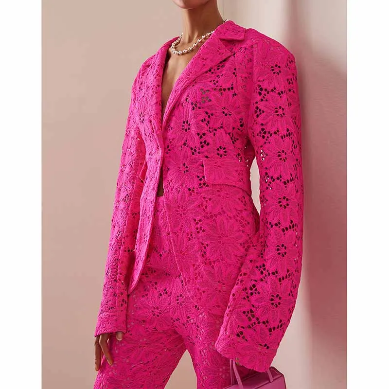 Women Hot Pink Lace One Button Suit Fitted Blazer   Lined Pencil Trousers Pants Suit / Wedding Suit / Party Set