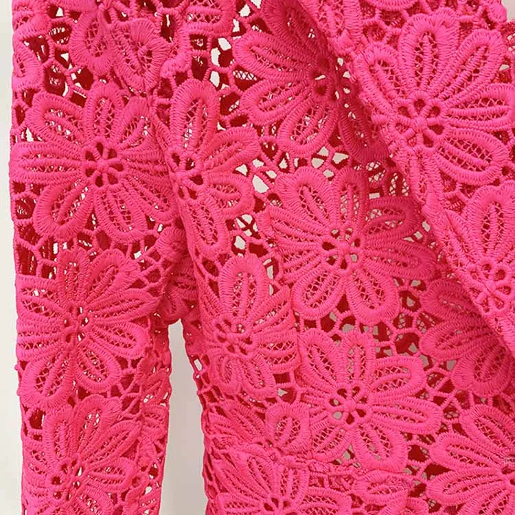 Women Hot Pink Lace One Button Suit Fitted Blazer   Lined Pencil Trousers Pants Suit / Wedding Suit / Party Set