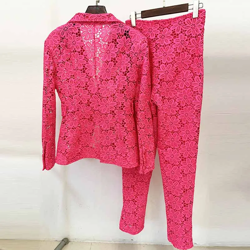 Women Hot Pink Lace One Button Suit Fitted Blazer   Lined Pencil Trousers Pants Suit / Wedding Suit / Party Set