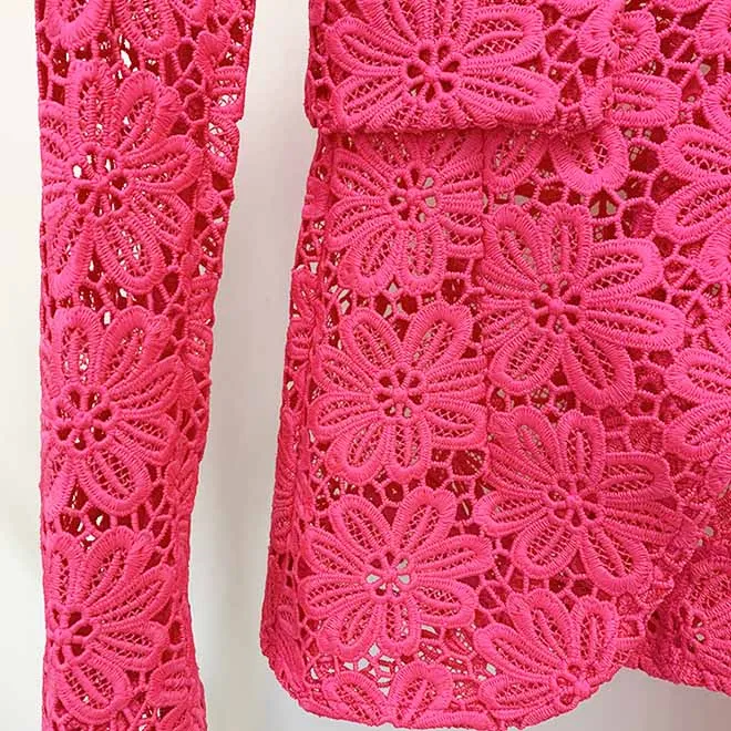 Women Hot Pink Lace One Button Suit Fitted Blazer   Lined Pencil Trousers Pants Suit / Wedding Suit / Party Set