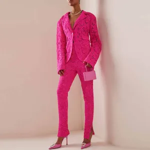 Women Hot Pink Lace One Button Suit Fitted Blazer   Lined Pencil Trousers Pants Suit / Wedding Suit / Party Set