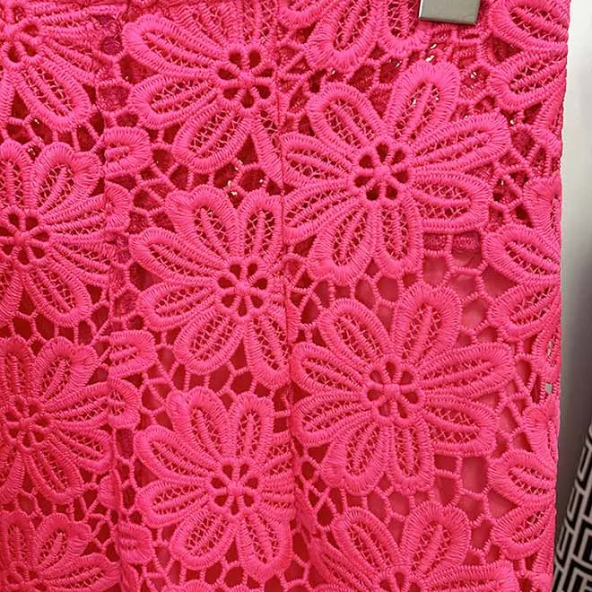 Women Hot Pink Lace One Button Suit Fitted Blazer   Lined Pencil Trousers Pants Suit / Wedding Suit / Party Set