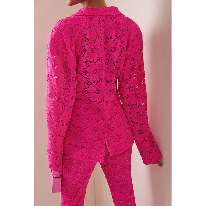 Women Hot Pink Lace One Button Suit Fitted Blazer   Lined Pencil Trousers Pants Suit / Wedding Suit / Party Set