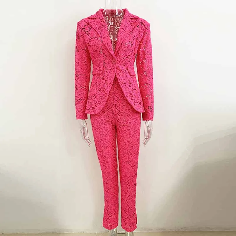 Women Hot Pink Lace One Button Suit Fitted Blazer   Lined Pencil Trousers Pants Suit / Wedding Suit / Party Set