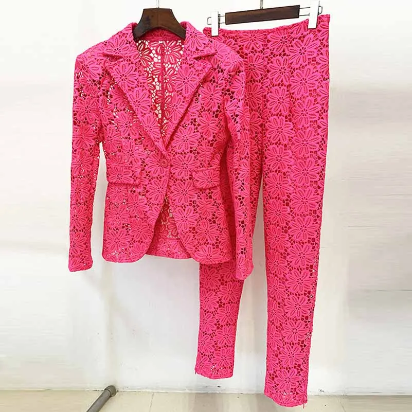 Women Hot Pink Lace One Button Suit Fitted Blazer   Lined Pencil Trousers Pants Suit / Wedding Suit / Party Set