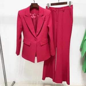 Women Rose Pink Blazer   Flare Trousers Suit Two Piece Pantsuits