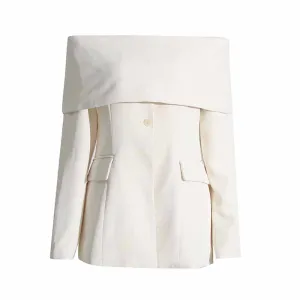 Women White Off-Shoulder Blazer Long Sleeves Coat