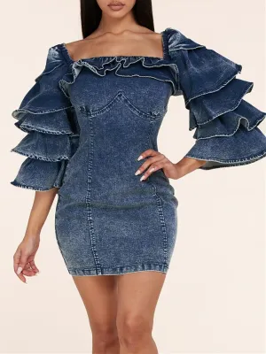 WOMEN'S 3/4 RUFFLE SLEEVE BODYCON DENIM MINI DRESS