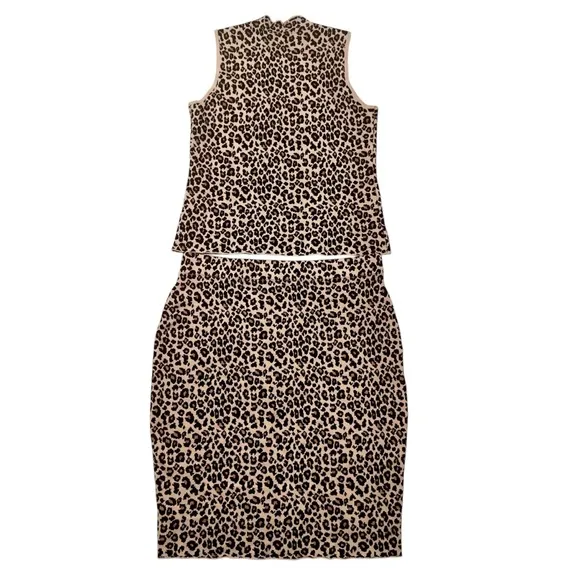 Women's Leopard Print Mock Neck Sleeveless Top W/ Matching Pencil Skirt Set L/XL