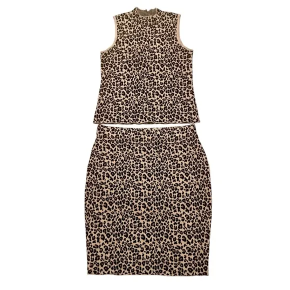 Women's Leopard Print Mock Neck Sleeveless Top W/ Matching Pencil Skirt Set L/XL