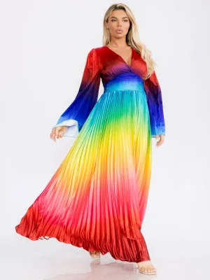 WOMEN'S LONG BELL SLEEVE V-NECK COLORBLOCK PLEATED MAXI DRESS