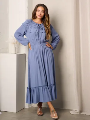 WOMEN'S LONG SLEEVE RUFFLE POCKETS MAXI DRESS