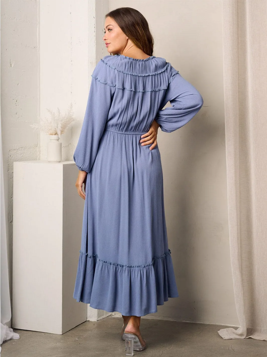 WOMEN'S LONG SLEEVE RUFFLE POCKETS MAXI DRESS