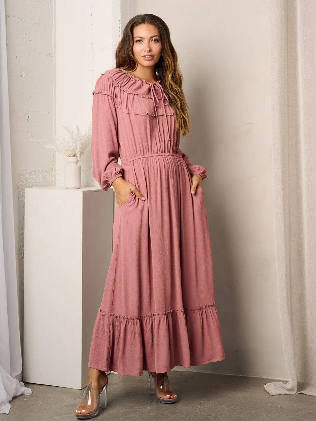 WOMEN'S LONG SLEEVE RUFFLE POCKETS MAXI DRESS