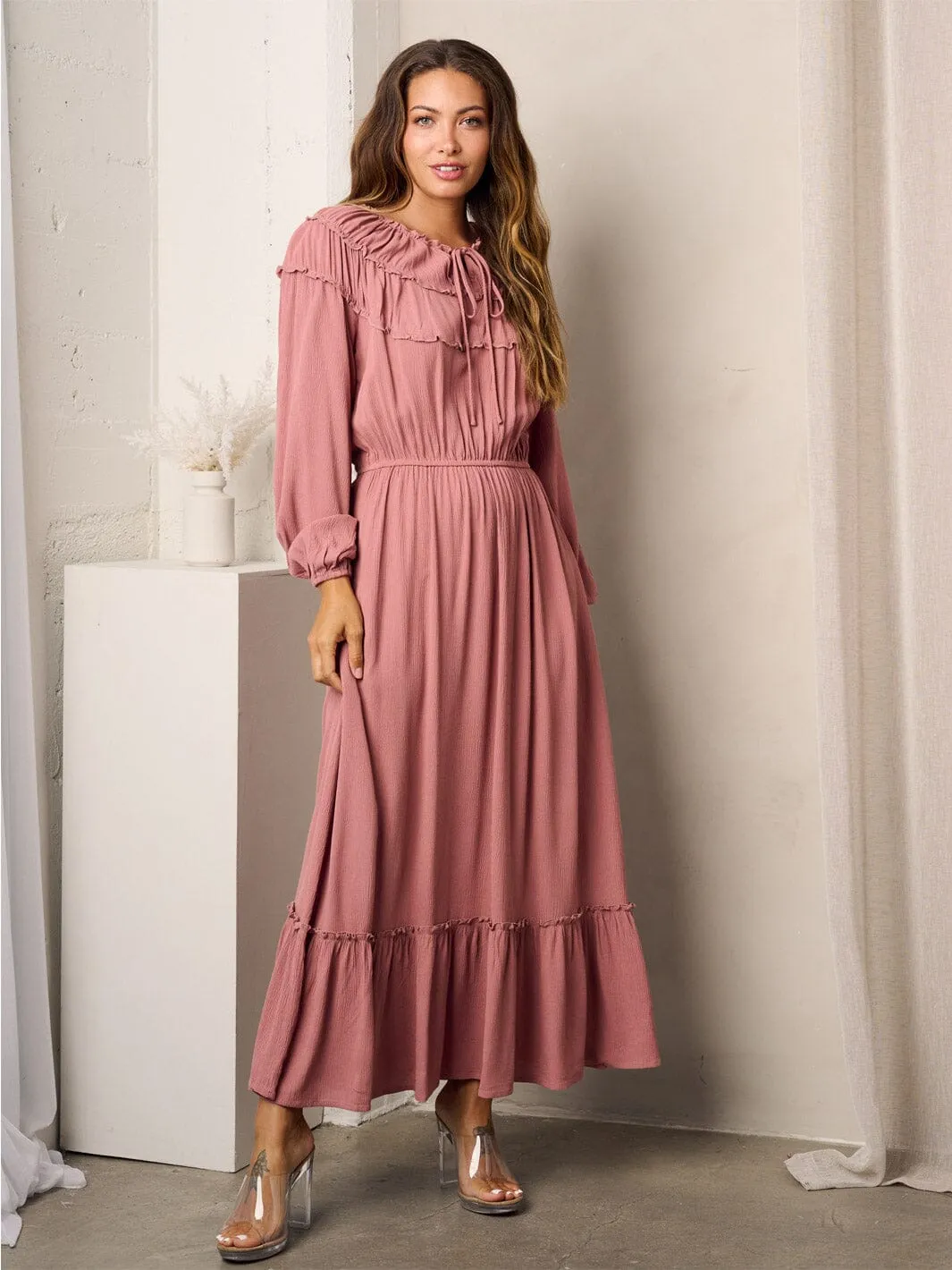 WOMEN'S LONG SLEEVE RUFFLE POCKETS MAXI DRESS