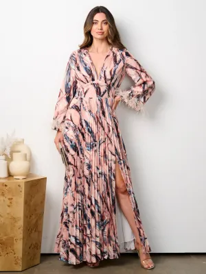 WOMEN'S LONG SLEEVE V-NECK PLEATED MULTI PRINT MAXI DRESS