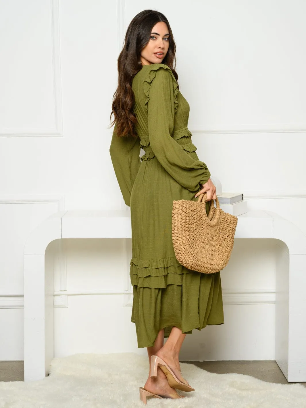 WOMEN'S LONG SLEEVE V-NECK RUFFLE MAXI DRESS