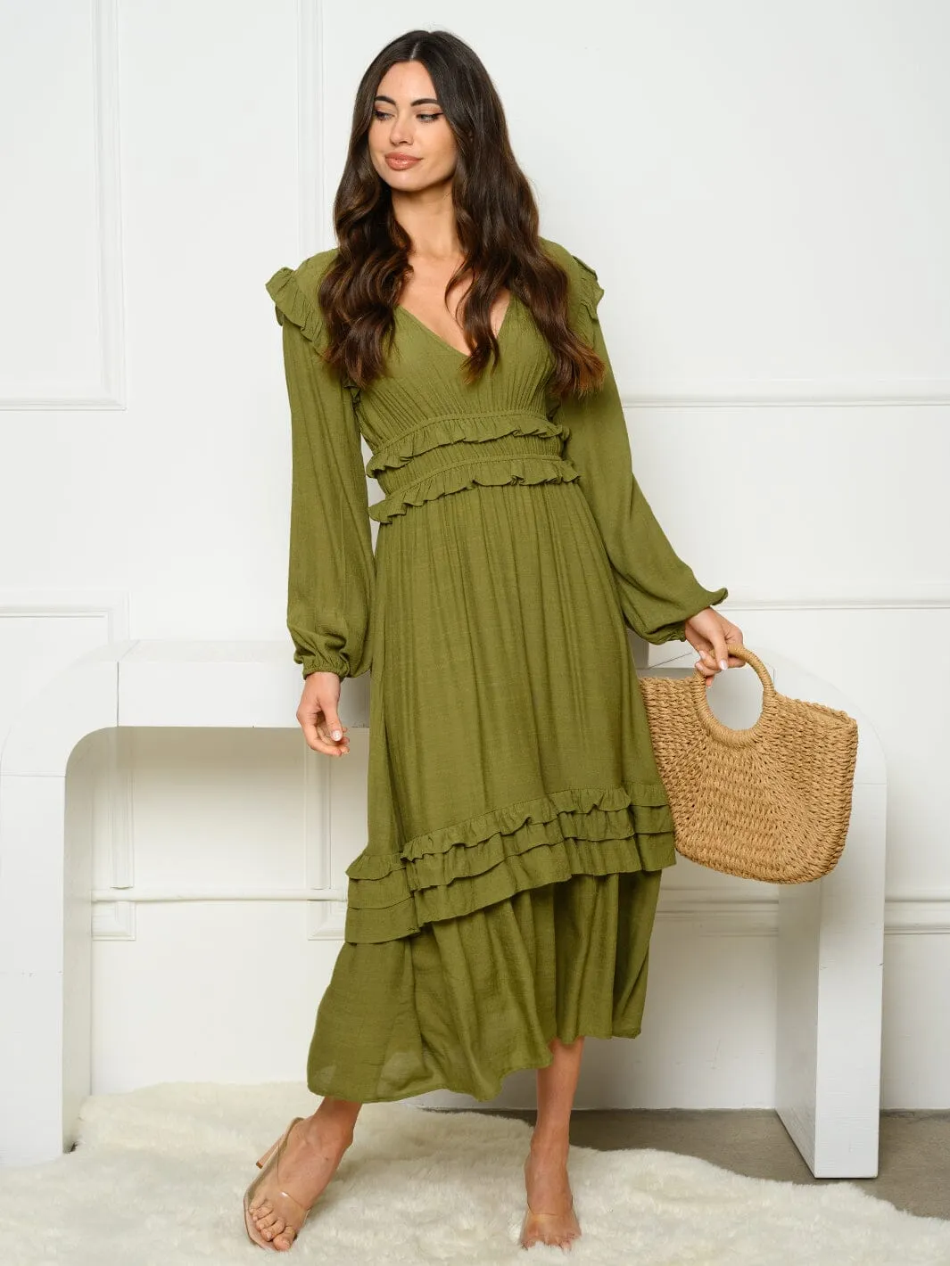 WOMEN'S LONG SLEEVE V-NECK RUFFLE MAXI DRESS
