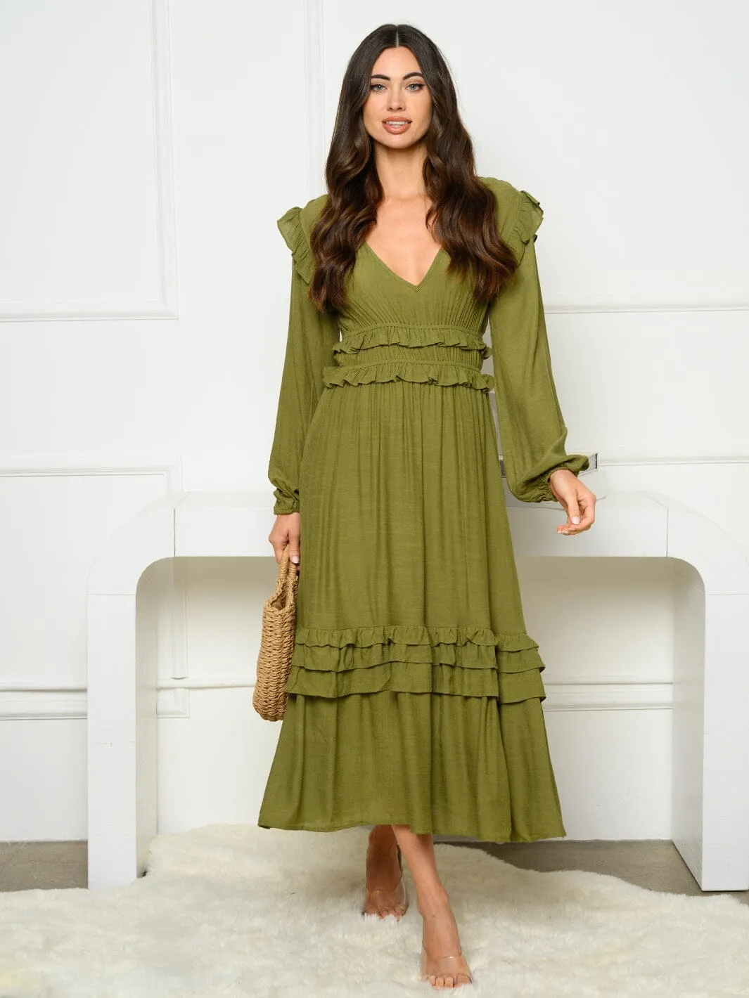 WOMEN'S LONG SLEEVE V-NECK RUFFLE MAXI DRESS