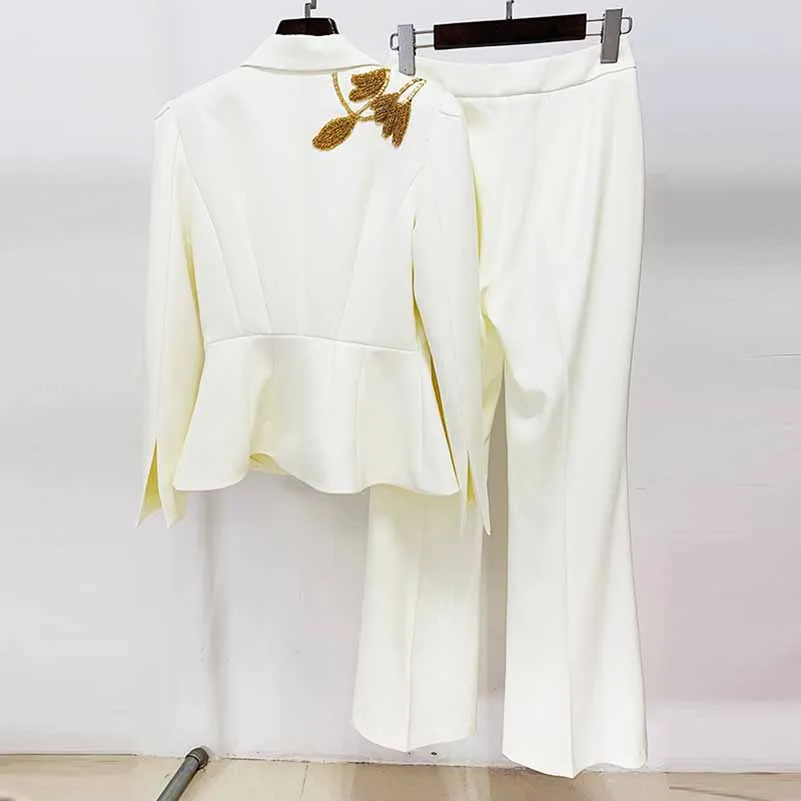 Women's Pantsuit Nail Beaded One Button Formal Suit Flare Pants Set Two Pieces Wedding Suit