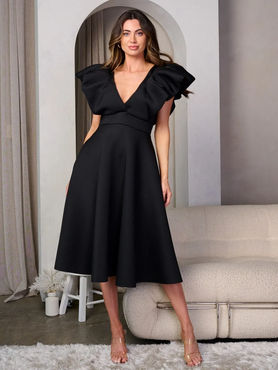 WOMEN'S RUFFLE SLEEVE V-NECK POCKETS FIT & FLARE MIDI DRESS