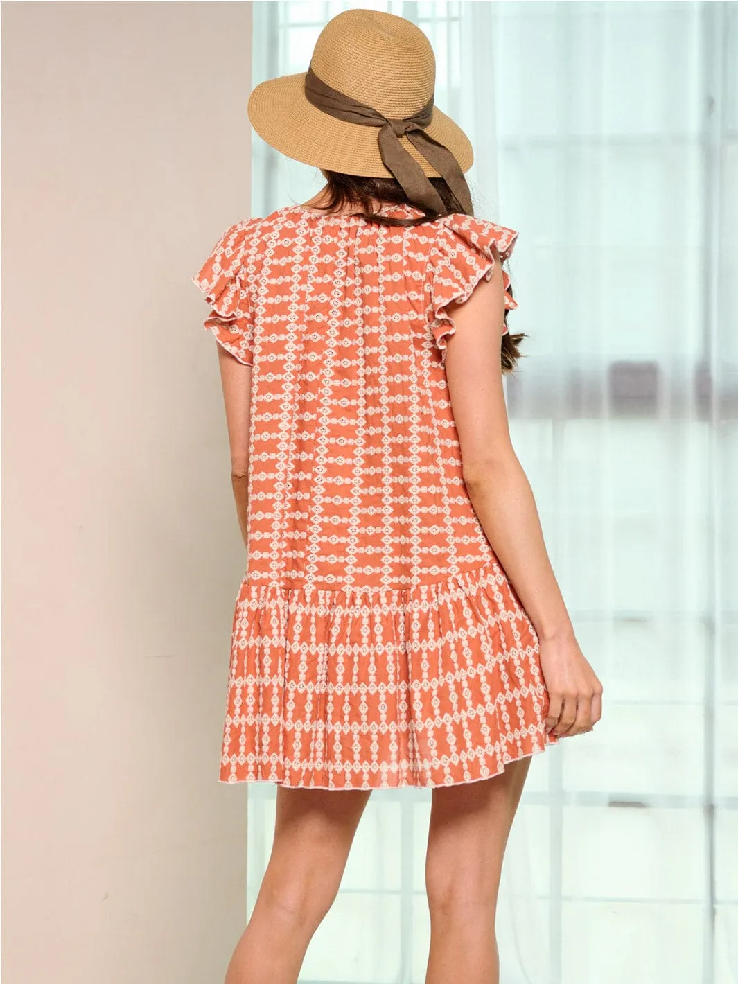 WOMEN'S RUFFLE SLEEVES POCKETS EYELET MINI DRESS