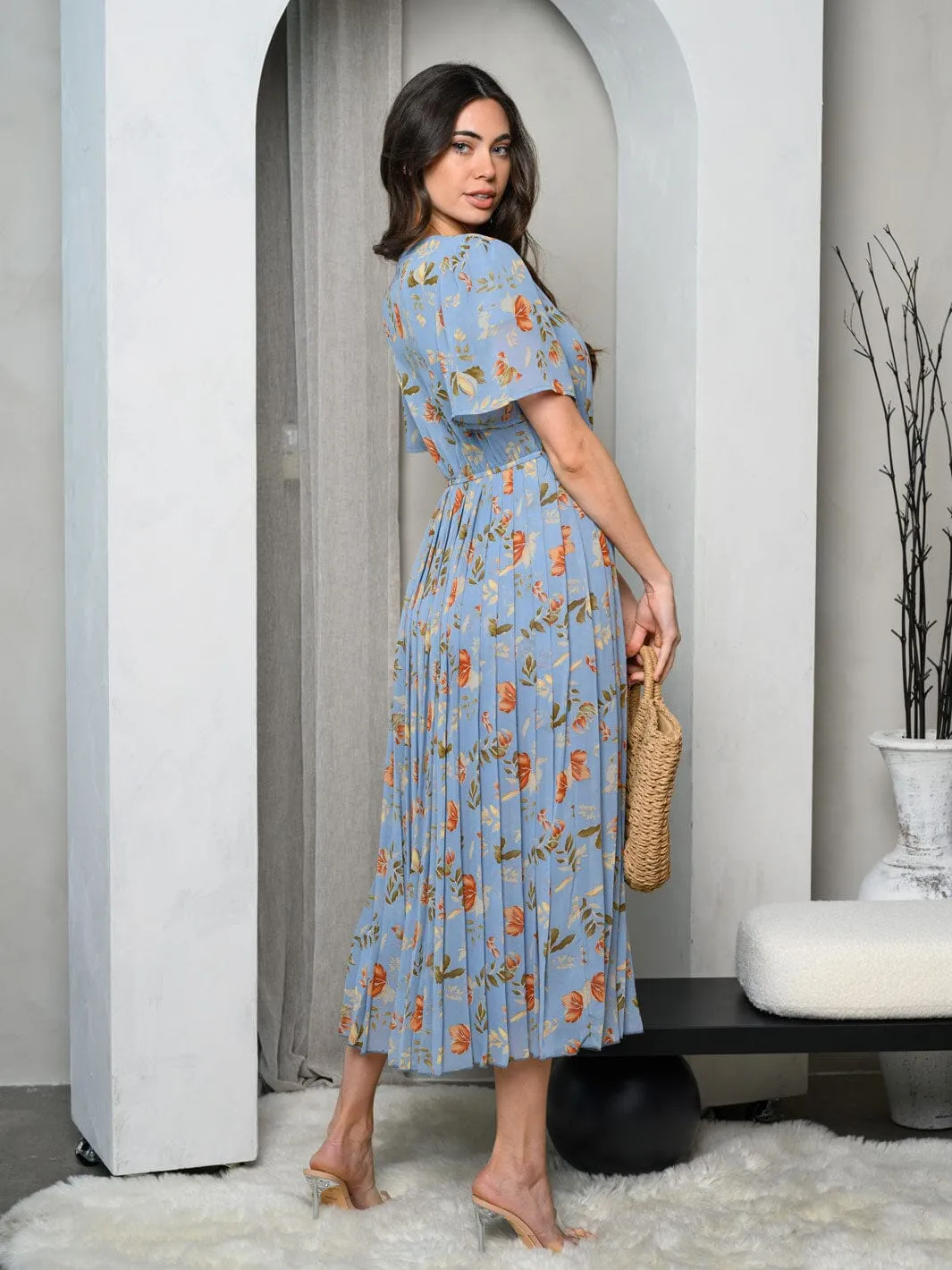 WOMEN'S SHORT SLEEVE PLEATED FLORAL MIDI DRESS
