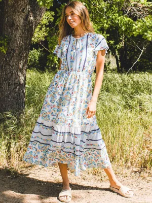 WOMEN'S SHORT SLEEVE TIERED FLORAL MIDI DRESS
