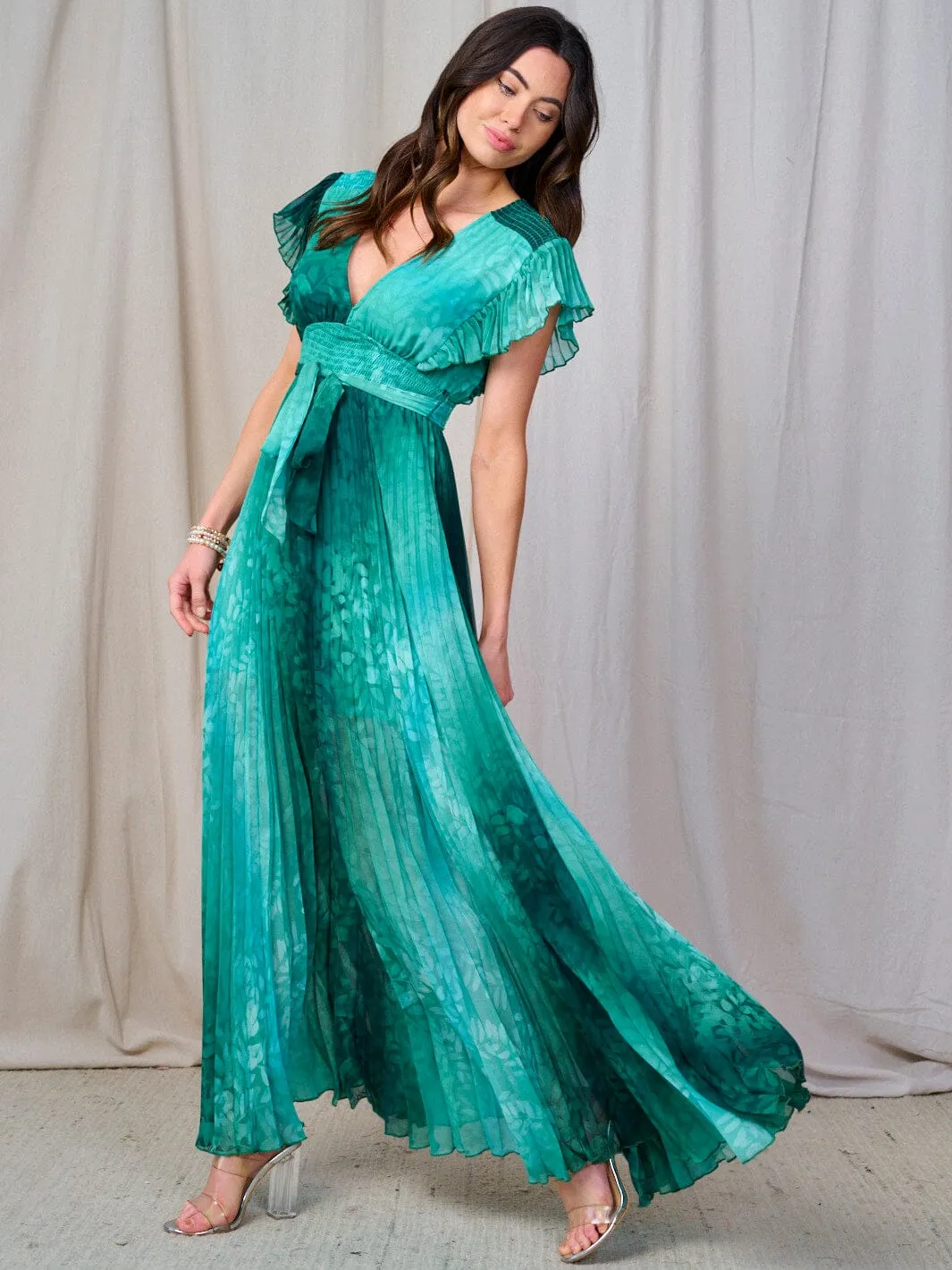 WOMEN'S SHORT SLEEVE V-NECK SMOCK PLEATED TIE DYE MAXI DRESS