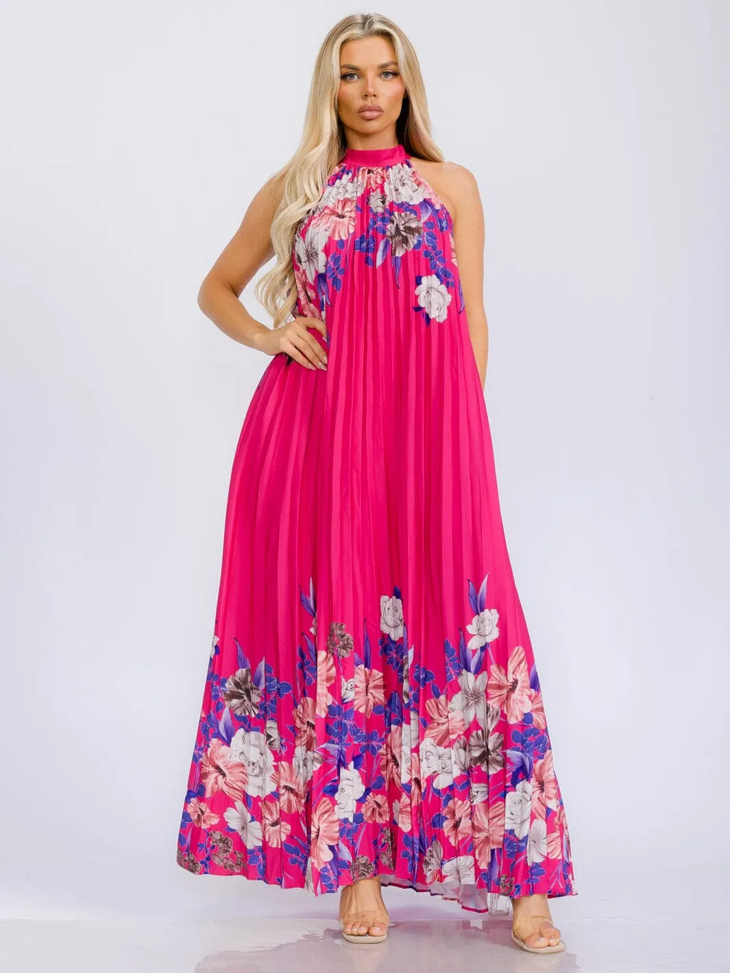 WOMEN'S SLEEVELESS HALTER NECK PLEATED FLORAL MAXI DRESS