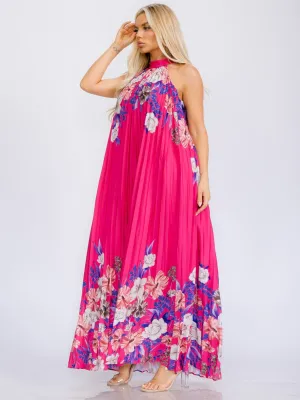 WOMEN'S SLEEVELESS HALTER NECK PLEATED FLORAL MAXI DRESS