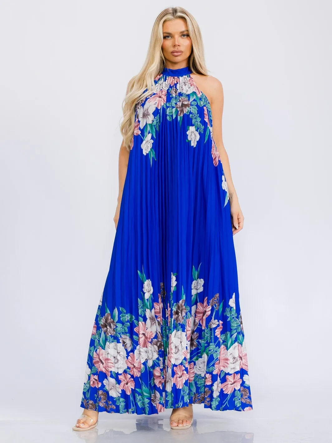 WOMEN'S SLEEVELESS HALTER NECK PLEATED FLORAL MAXI DRESS
