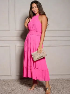 WOMEN'S SLEEVELESS HALTER NECK SMOCK PLEATED MAXI DRESS