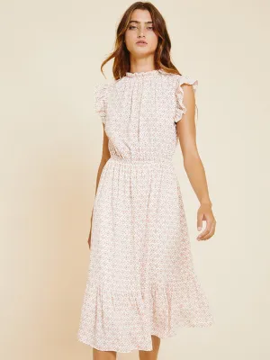 WOMEN'S SLEEVELESS RUFFLE BOTTOM HEM PRINT MIDI DRESS