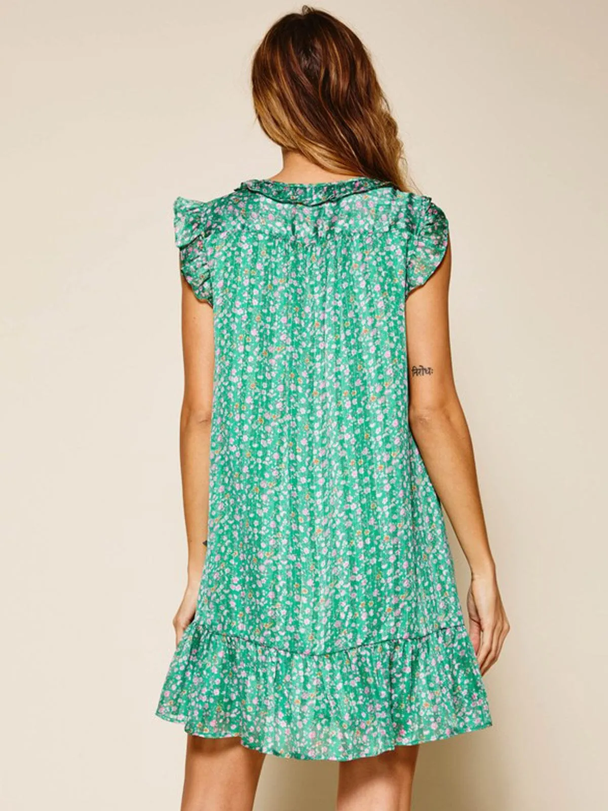 WOMEN'S SLEEVELESS RUFFLE SHIMMER FLORAL MINI DRESS