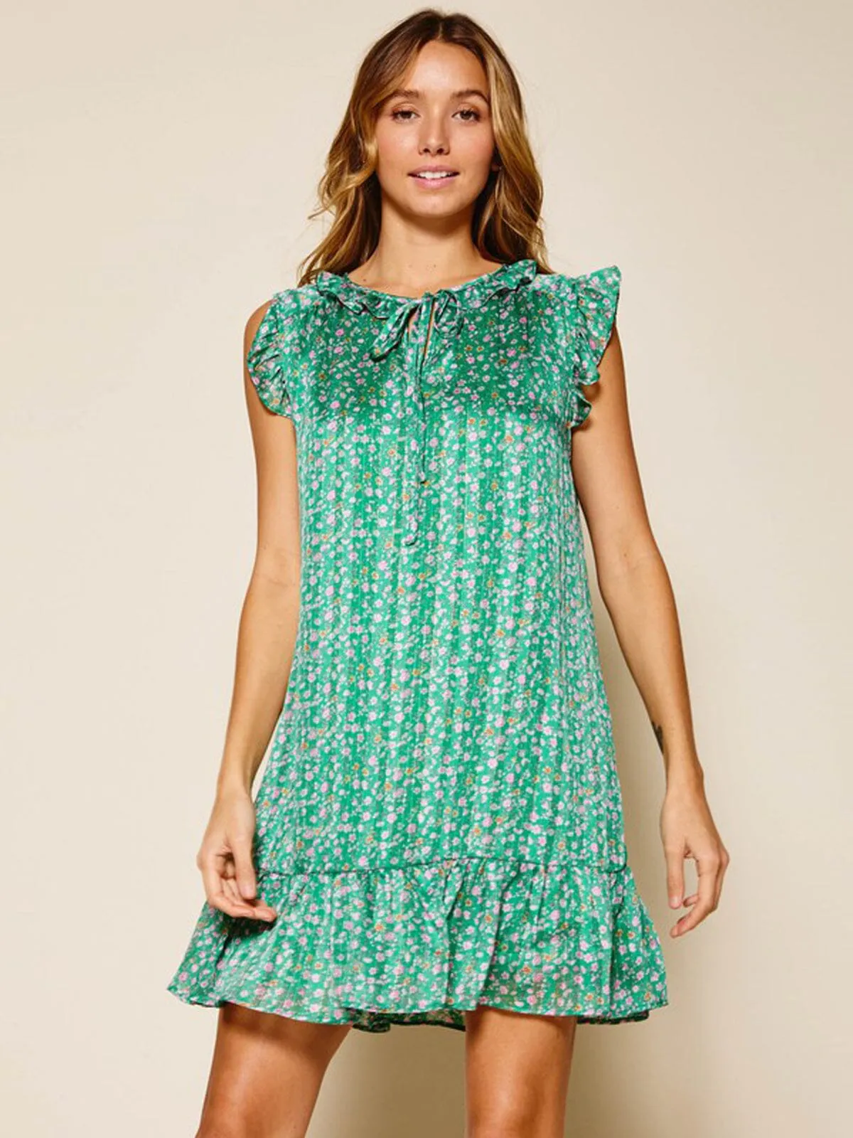 WOMEN'S SLEEVELESS RUFFLE SHIMMER FLORAL MINI DRESS
